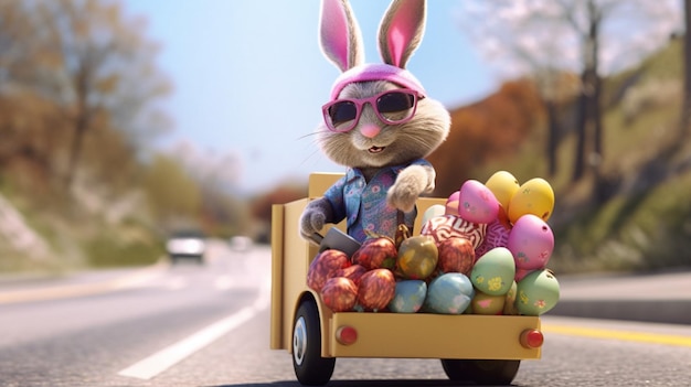 Photo bunny with sunglasses delivers eggs