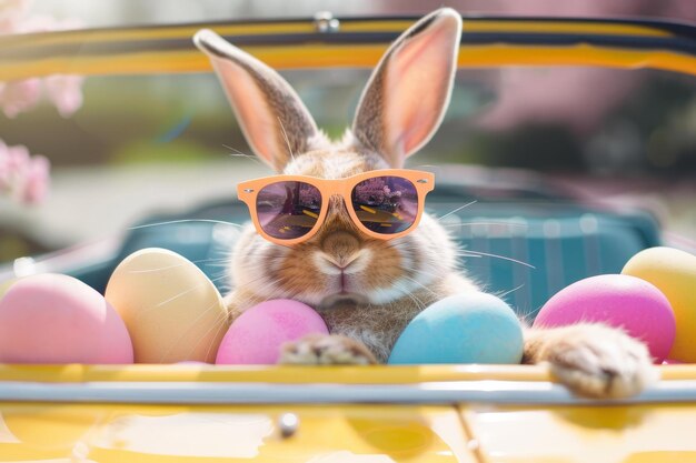 Photo bunny with sunglasses and easter eggs in car