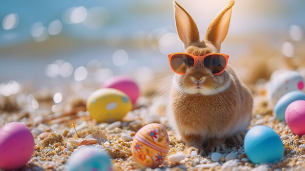 Bunny With Sunglasses Sitting in the Sand