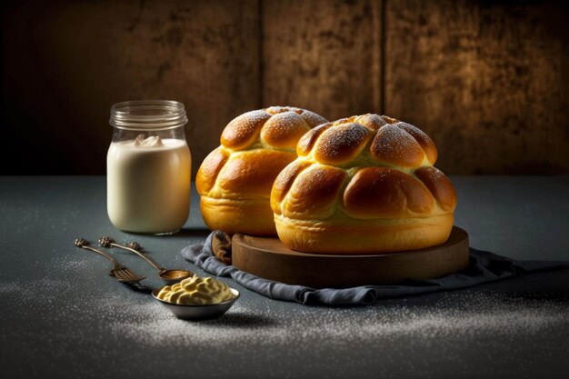 Buns baked in sweet dough brioche on table