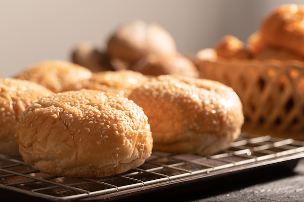 Buns on the grille in the kitchen with sunlight in the morning