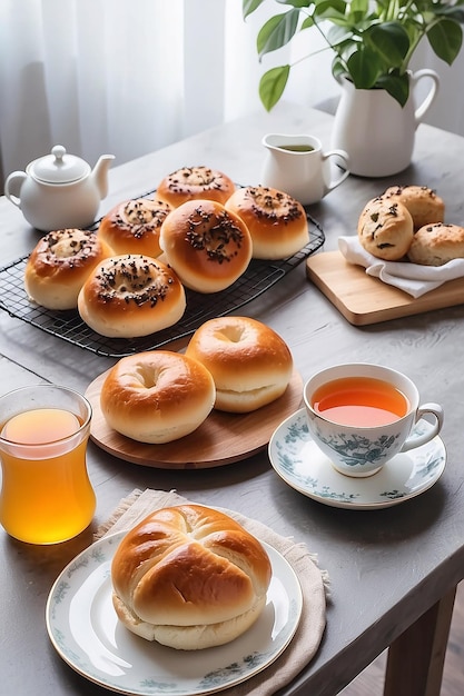 Photo buns and tea on the table morning breakfast food