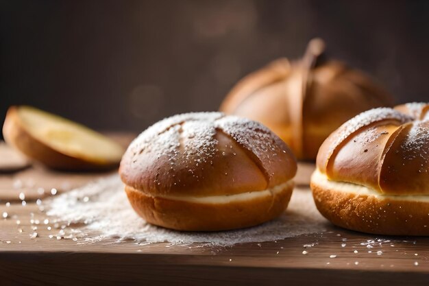 Buns with frosting and a piece of bread on a wooden table.