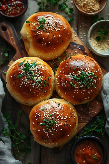 Buns with sesame seeds on a wooden background viewed from above gentle light with high resolution