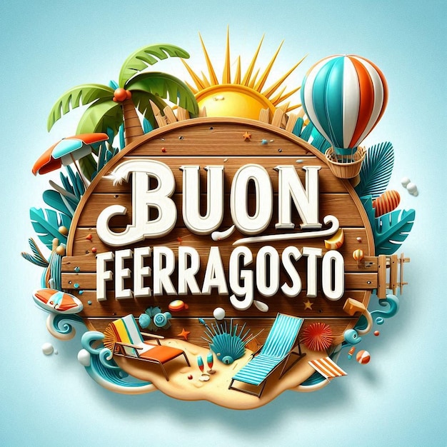 Buon Ferragosto Italian Summer Festival Design with Summer Holiday Elements and Typography Letter on Vintage Wood Background Vector Italy Language Illustration for Banner Flyer Invitation Brochure