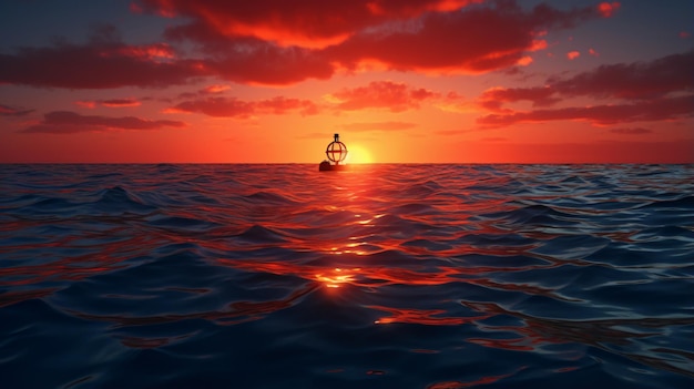 Buoy in the open sea on the sunset background