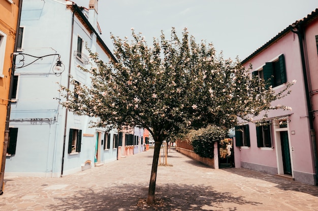 Burano, Venice, Italy - July 2, 2018: Panoramic view of brightly coloured homes of Burano is an island in the Venetian Lagoon. People walk and rest on streets. Summer sunny day and blue sky