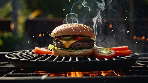 Burger being flipped on the grill with smoke rising