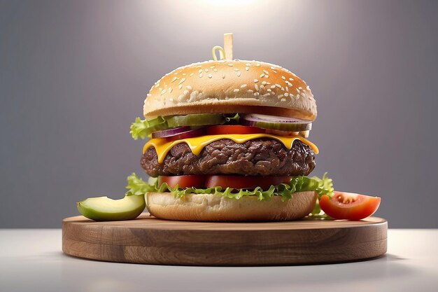 Burger on bright light podium