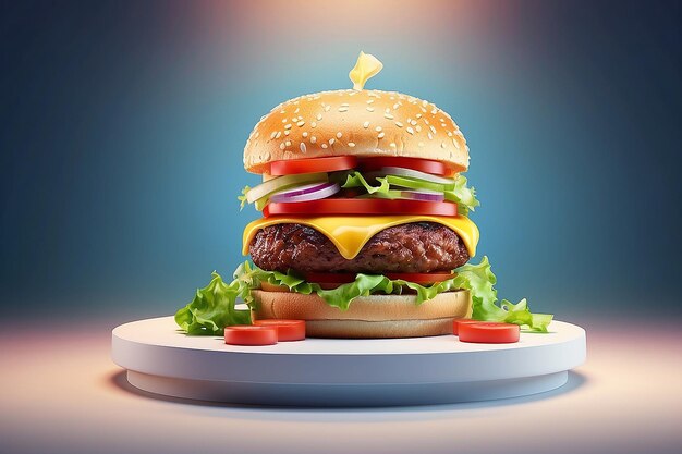 Burger on bright light podium