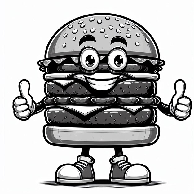 Burger character Cartoon in black and white style