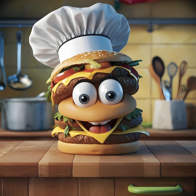 A Burger character with exaggerated eyes and a wide smile with a chefs hat