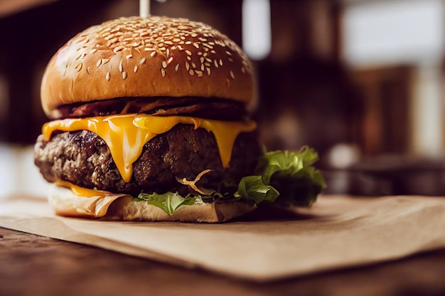 Burger close up with copy space white melted cheese artisan golden bun over old wood oak table