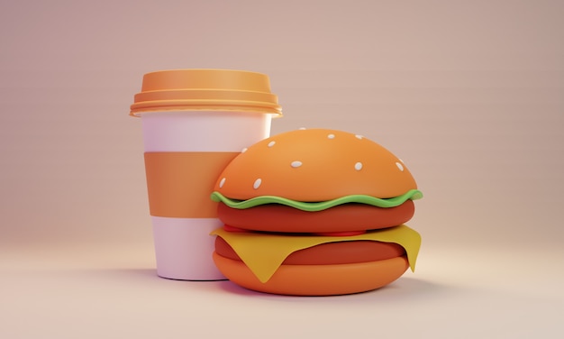 Burger and coffee cup 3d rendering design