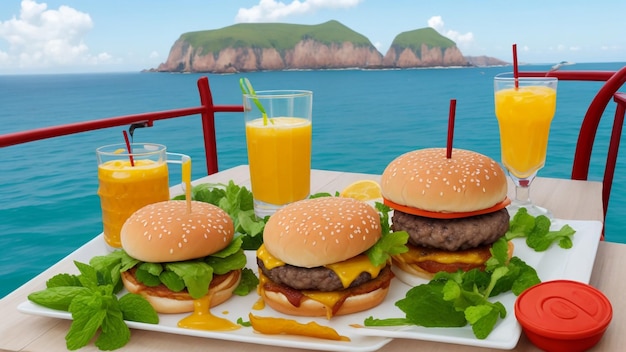 A burger and a drink on a table and blue water background