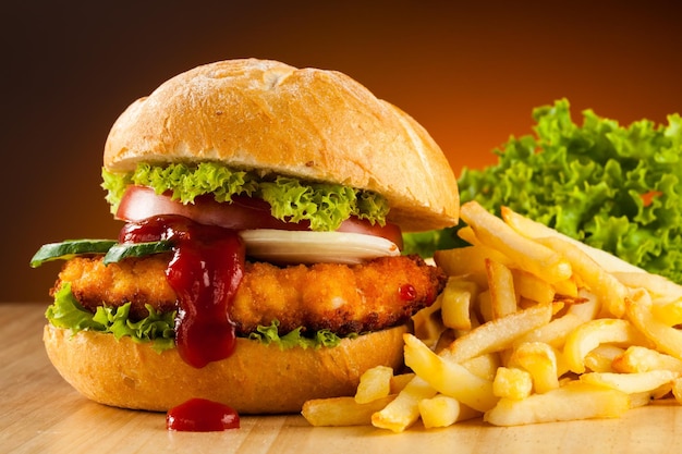 Burger Fast food Delicious burger with fried beef strips tomato lettuce and onion crispy white wheat flour bun with sesame seeds Food theme