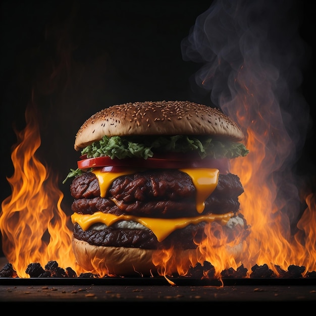 Burger in fire smash burger with smoke and fire Hot cheesy beef burger in fire flames