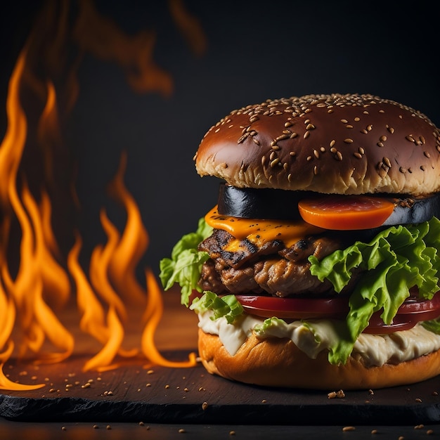 burger in flames Burger in fire flames smash burger with fire background