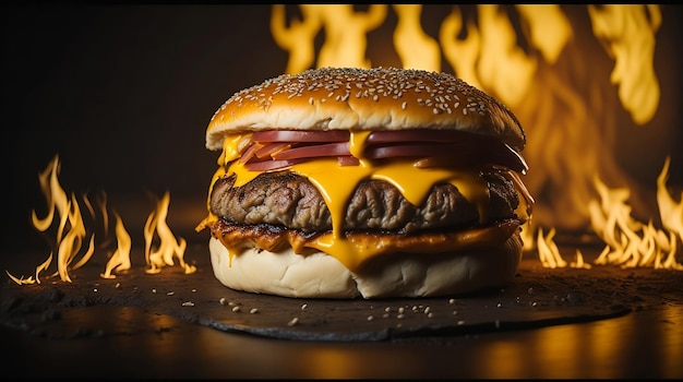 Burger in flames juicy cheesy burger in fire flames Beef burger in fire