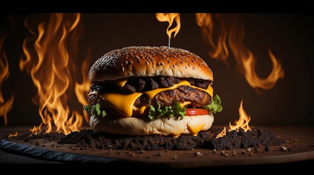 Burger in flames juicy cheesy burger in fire flames Beef burger in fire