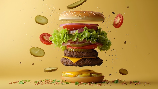 Photo burger floating ingredients cheeseburger dynamic food actionpacked lettuce tomato slices oni