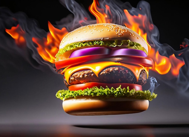 A burger flying through the air with flames and the words " burger " on the bottom.