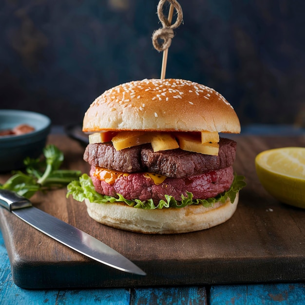 Burger of fresh beef with a knife on the board On a rustic background