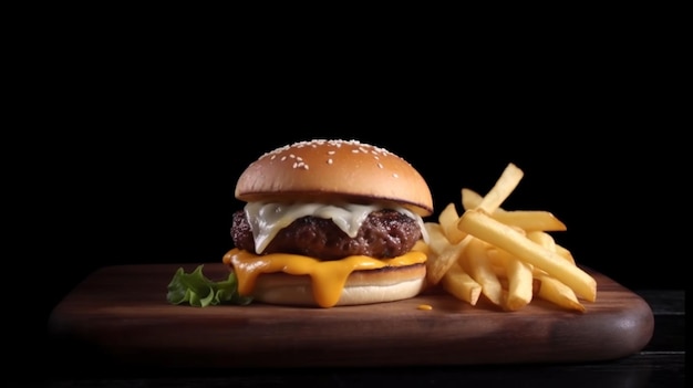 burger and fries on a black background Generative AI