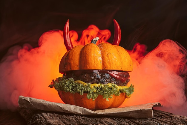 Burger Halloween halloween concept of a burger with big beef patties with pumpkin head rolls for the holiday halloween