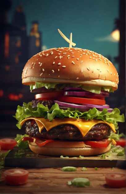 Burger hamburger go to pieces composition fast food wallpaper background AI Generated