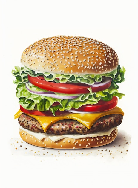 Burger illustration A painting of a hamburger with lettuce tomato and lettuce