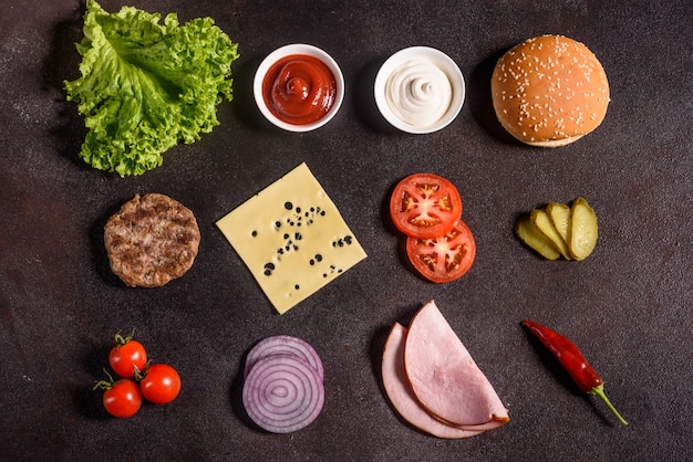 Burger ingredients on the dark background