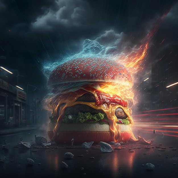 A burger is in an urban setting with a fireball on it