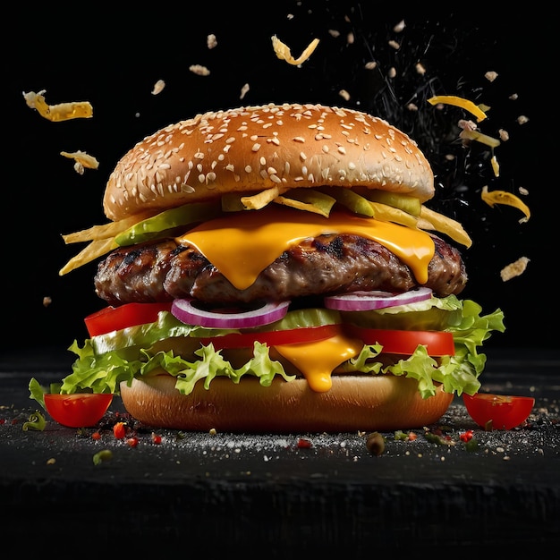 Burger isolated on black background