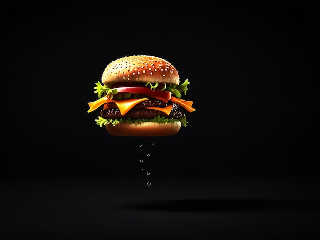 Photo burger levitation on a black background generative ai