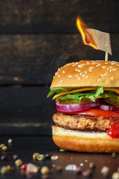 burger, meat cutlet beef steak, tomato, sauce and lettuce