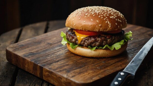 Burger placed on a rustic wooden cutting board with knife beside it