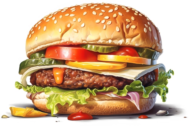 A burger portrayed in a digital painting on a blank white canvas Generative AI