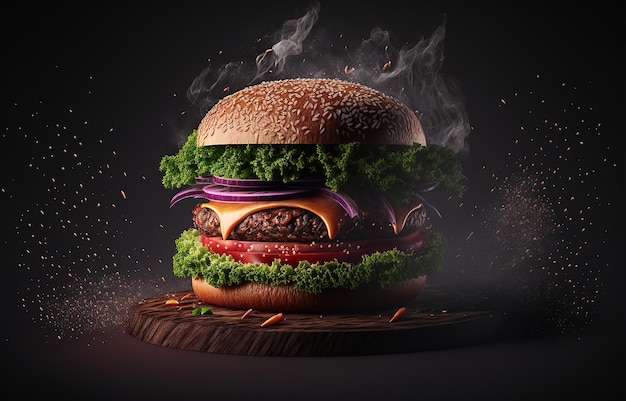 Burger product studio photo dark black background fresh tomato and onion salad Generative AI illustration