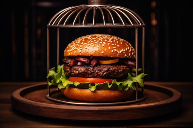 Burger served in a birdcage