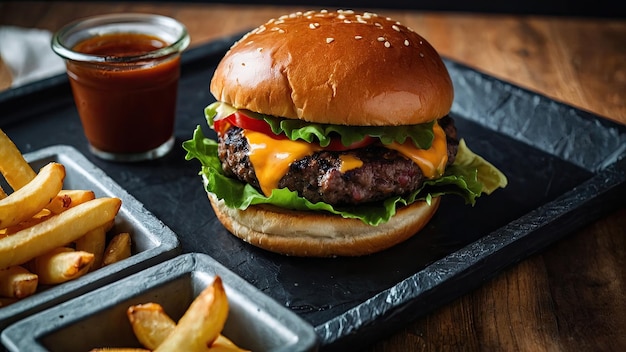 Burger served on a slate board with fries and dipping sauce