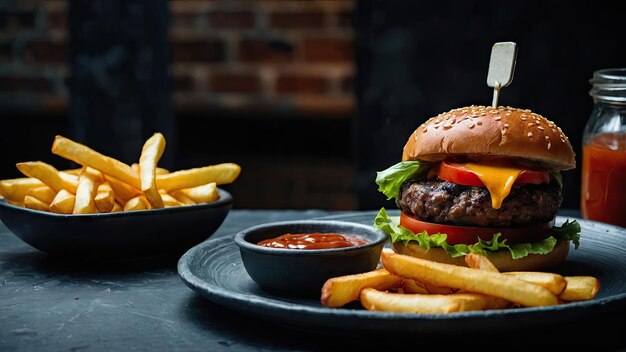 Burger served on a slate board with fries and dipping sauce