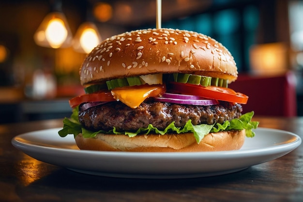 Burger served in a trendy cafe settin