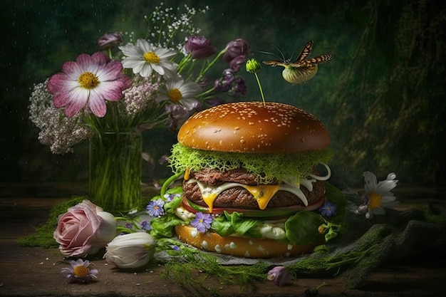 Burger in the spring forest Generative AI