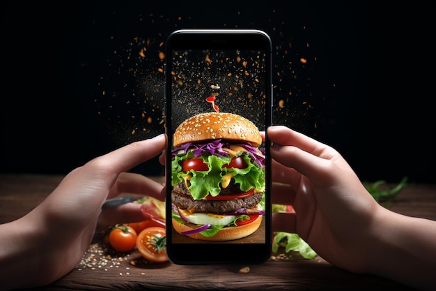 Burger on the table hands with phone graphing food share impressions about new cafe