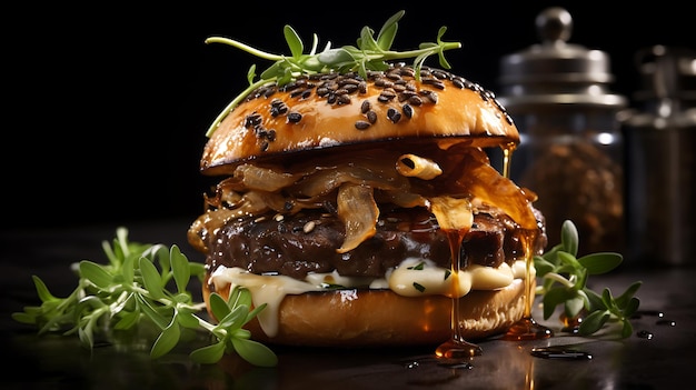 burger topped with foie gras truffle and onions