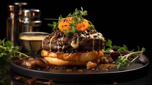 burger topped with foie gras truffle and onions