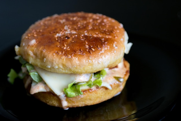 Burger with appetizing crust on a dark background