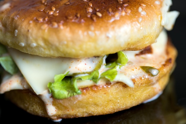 Burger with appetizing crust on a dark background