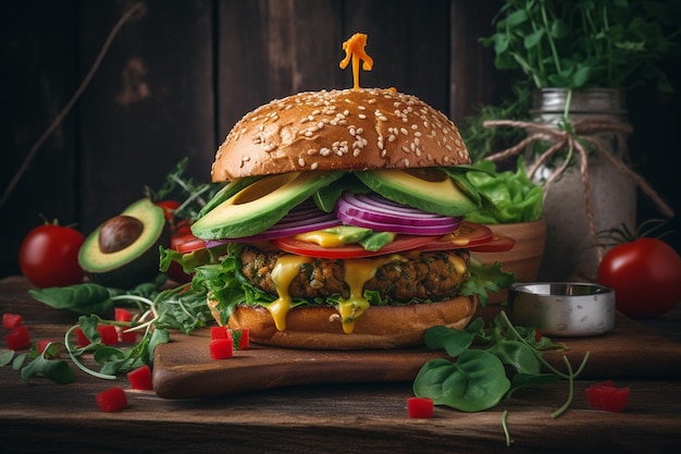 A burger with avocado, tomato, and avocado on a wooden table.